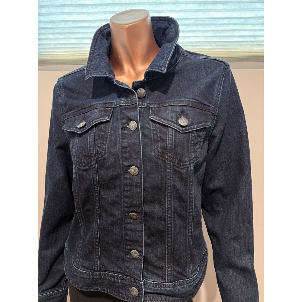 Prana Womens Organic Cotton Denim Trucker Jacket Dark Indigo Blue Workwear/ L - Picture 2 of 6